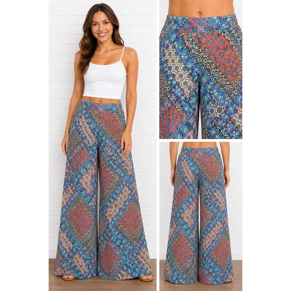 Womens L Palazzo Pants Wide Leg Crop Pull On Boho Patchwork Cottagecore NWT